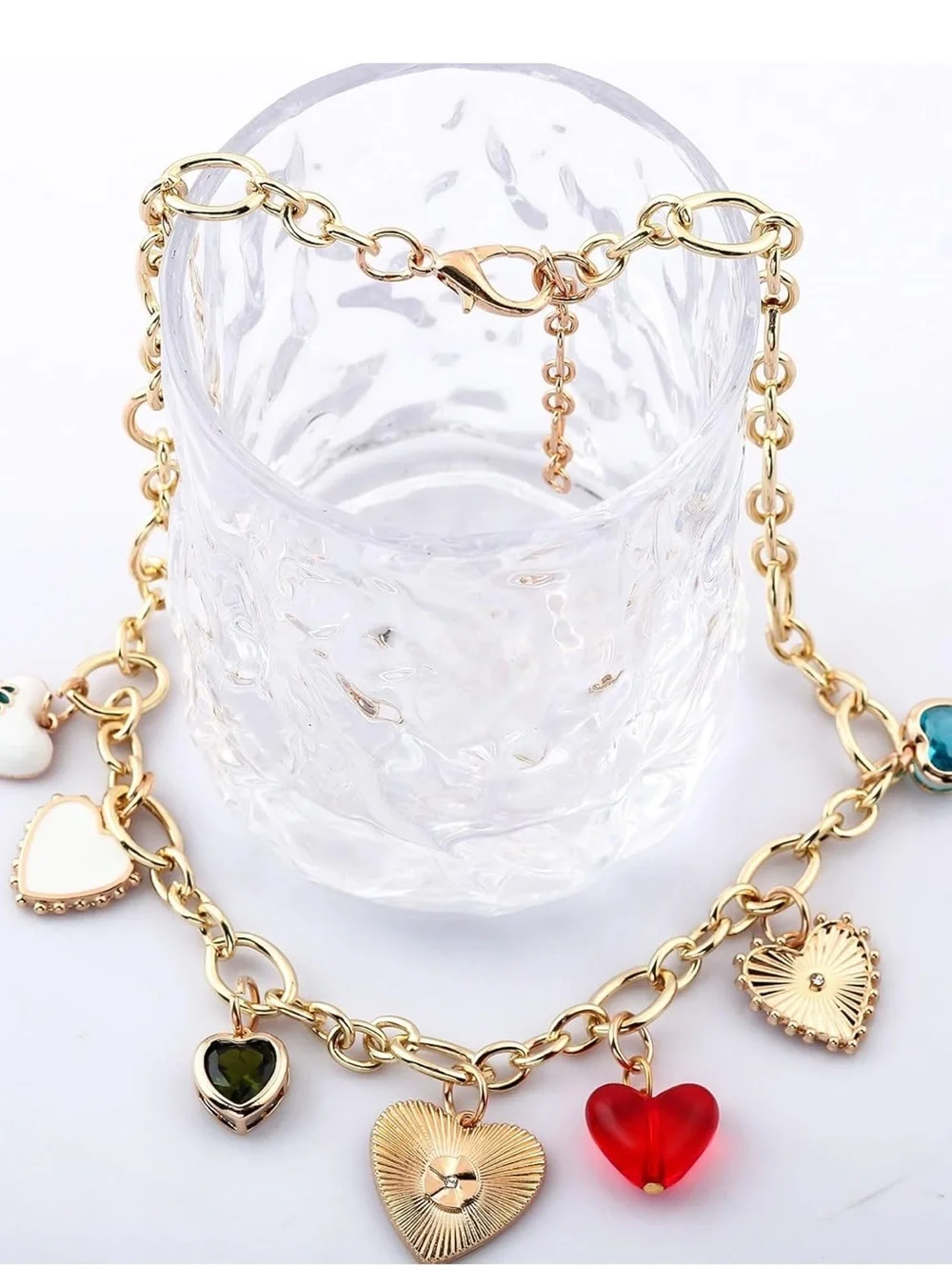 Anthropologie Gold Chain Necklace with Multicolor Heart Charms